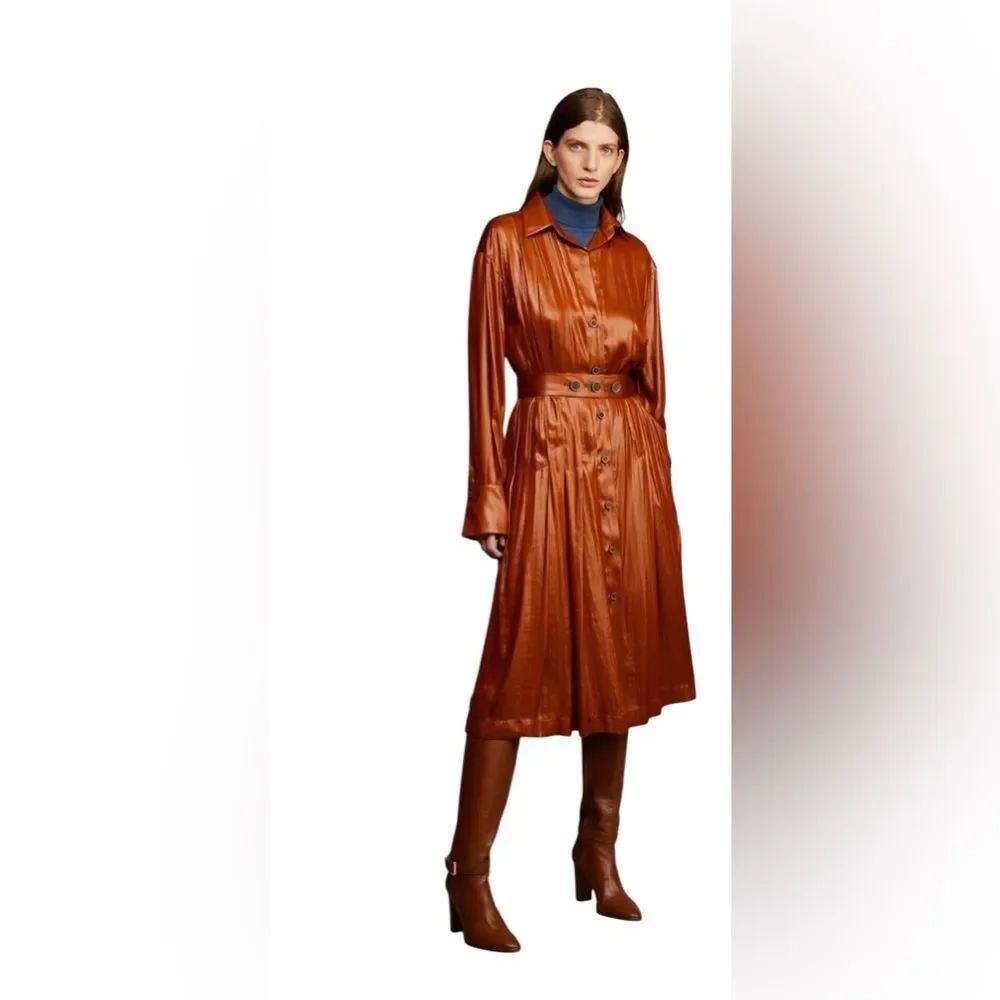 NEW Eleventy Copper Metalic Long Sleeve Belted Coated Effect Shirt Midi Dress S